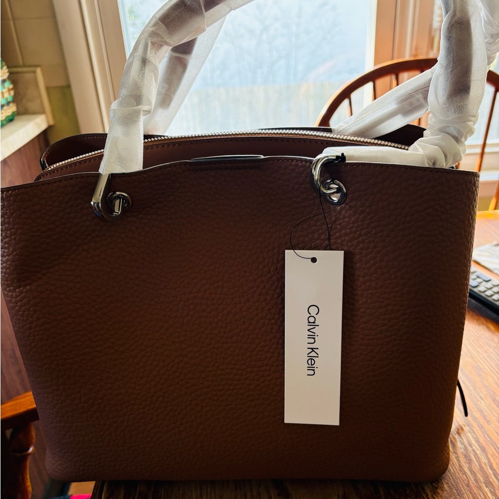 Calvin Klein Cognac Pebbled Leather Tote - Picture 3 of 4